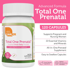 Close-up of Zahler Total One Prenatal capsule highlighting easy to swallow form