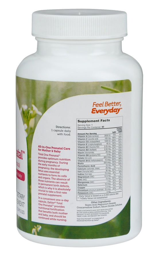 Zahler Total One Prenatal capsules close-up emphasizing gentle digestion and daily nutrition.