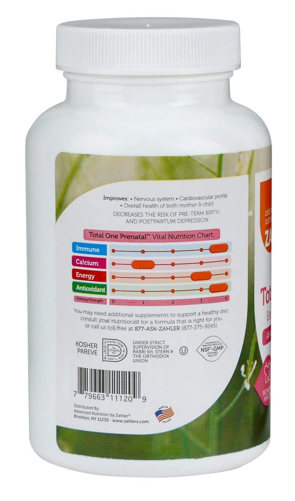 Zahler Total One Prenatal label detail highlighting 22 nutrients included.
