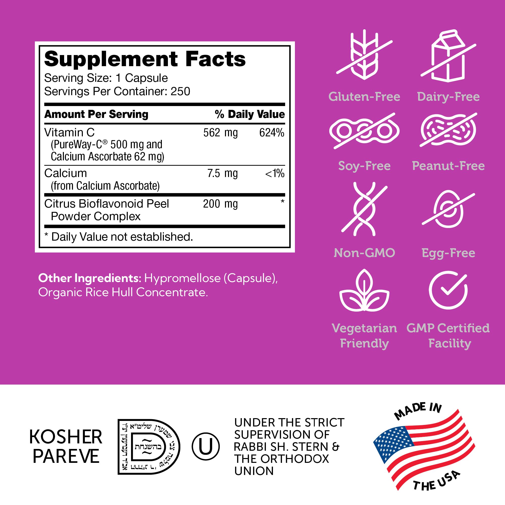 Zahler Vitamin C 500mg ingredients panel with allergen-free notes.