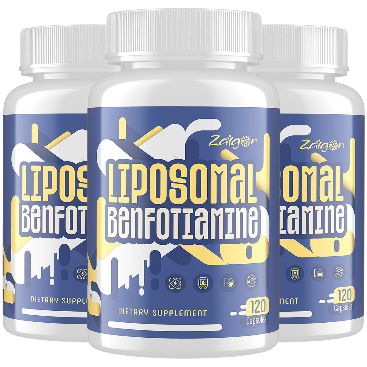 Zaigon Benfotiamine bottle-front highlighting liposomal B1 for daily energy support.