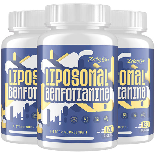 Zaigon Benfotiamine bottle-front highlighting liposomal B1 for daily energy support.