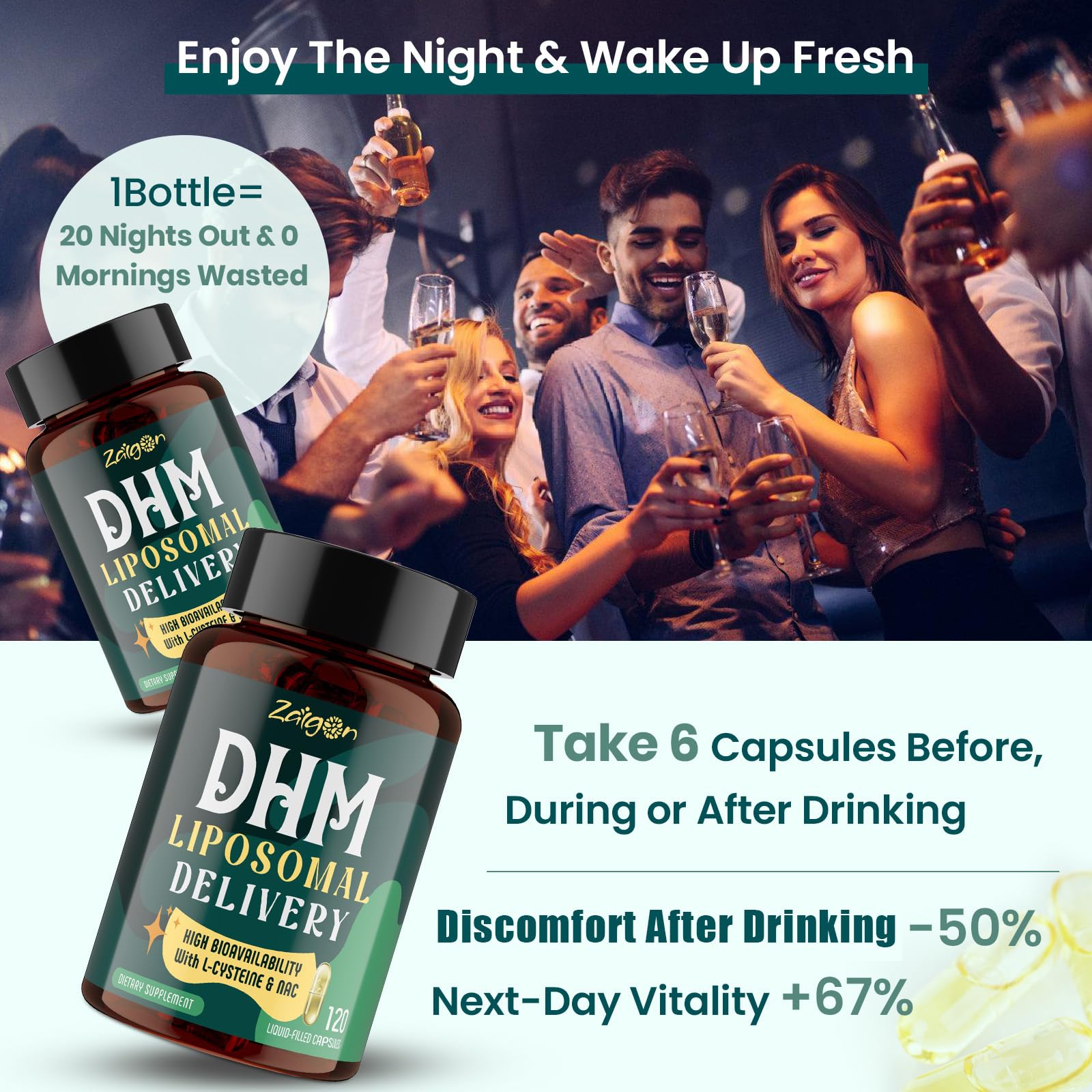Zaigon DHM bottle with cap closeup highlights packaging quality and freshness.
