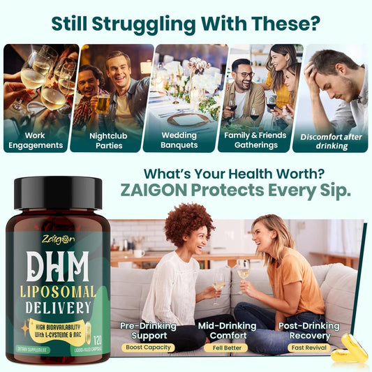 Zaigon DHM bottle front label highlighting 1000 mg DHM and clean ingredient promise.