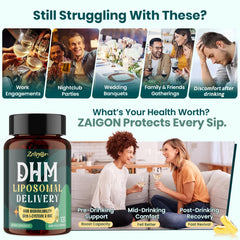 Zaigon DHM bottle front label highlighting 1000 mg DHM and clean ingredient promise.