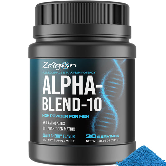 Zaigon HGH supplements bottle front showing bold branding for men's energy support.