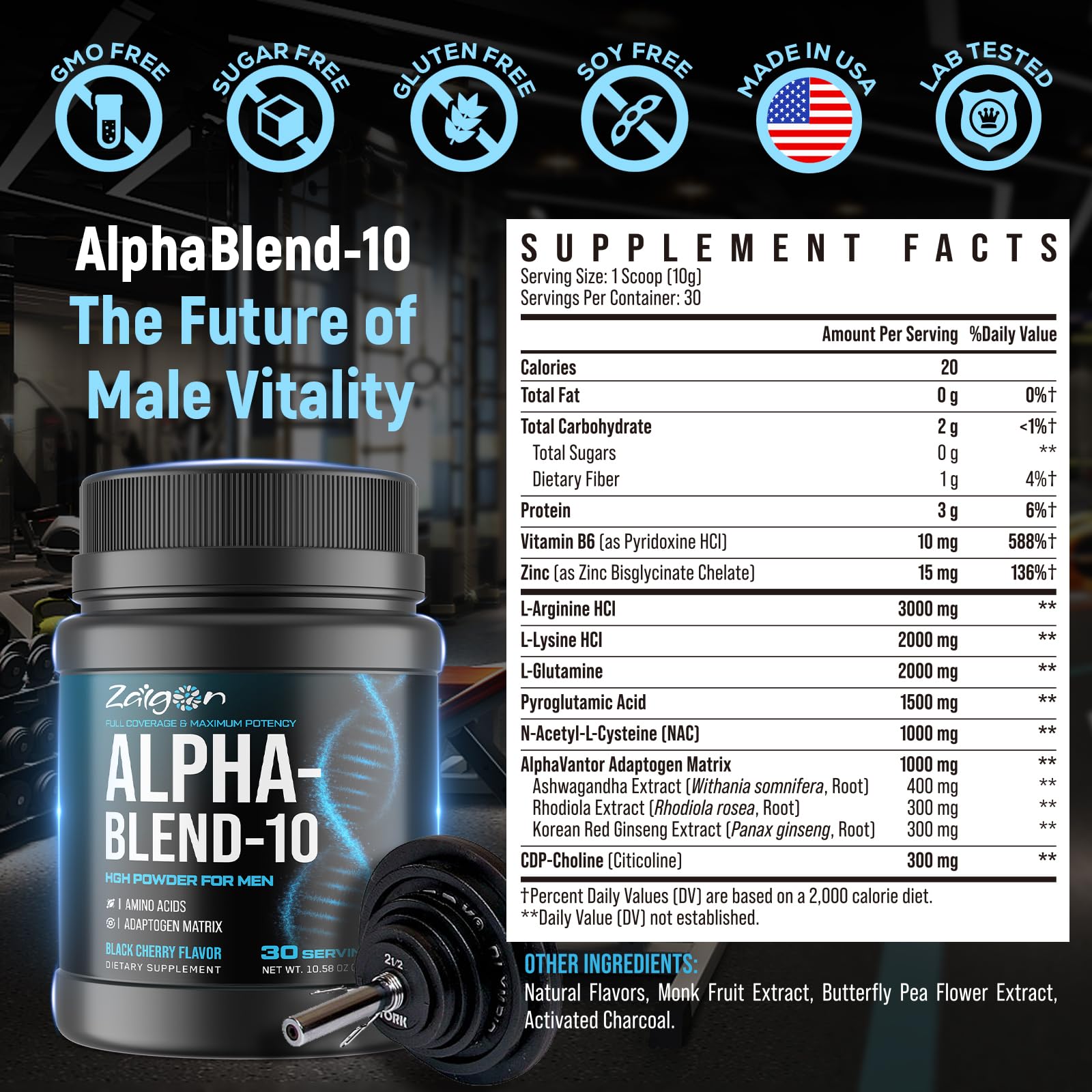 Zaigon HGH ingredient graphic highlights stacking of L-Arginine and Ashwagandha.