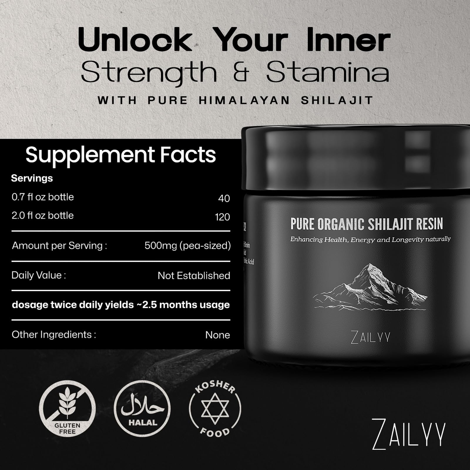 ZAILYY Organic and Non-GMO Shilajit resin.