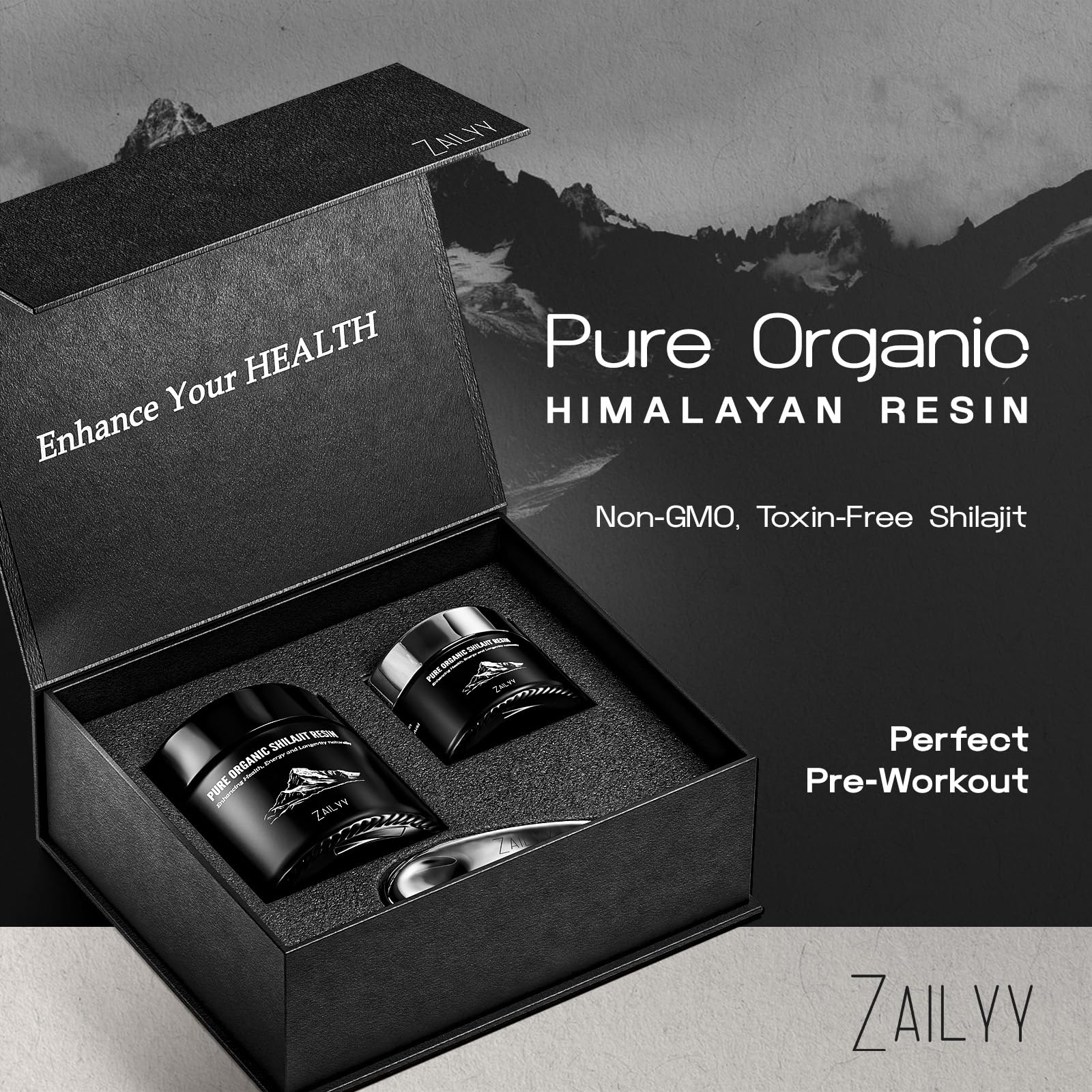 ZAILYY Shilajit resin tube with spoon highlighting mineral-rich resin.