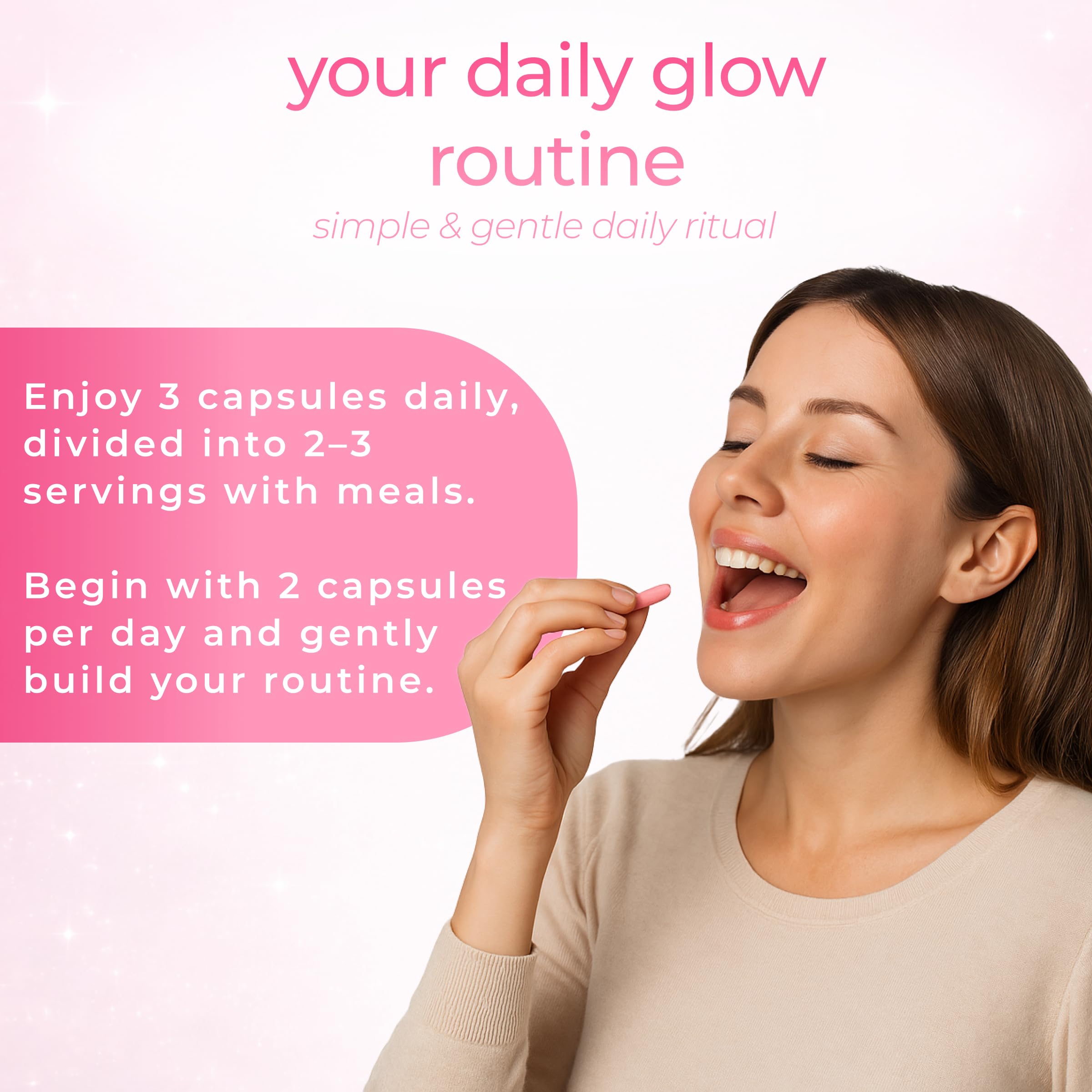 Open bottle with capsules on wood surface conveys clean, hormone-free nutrition