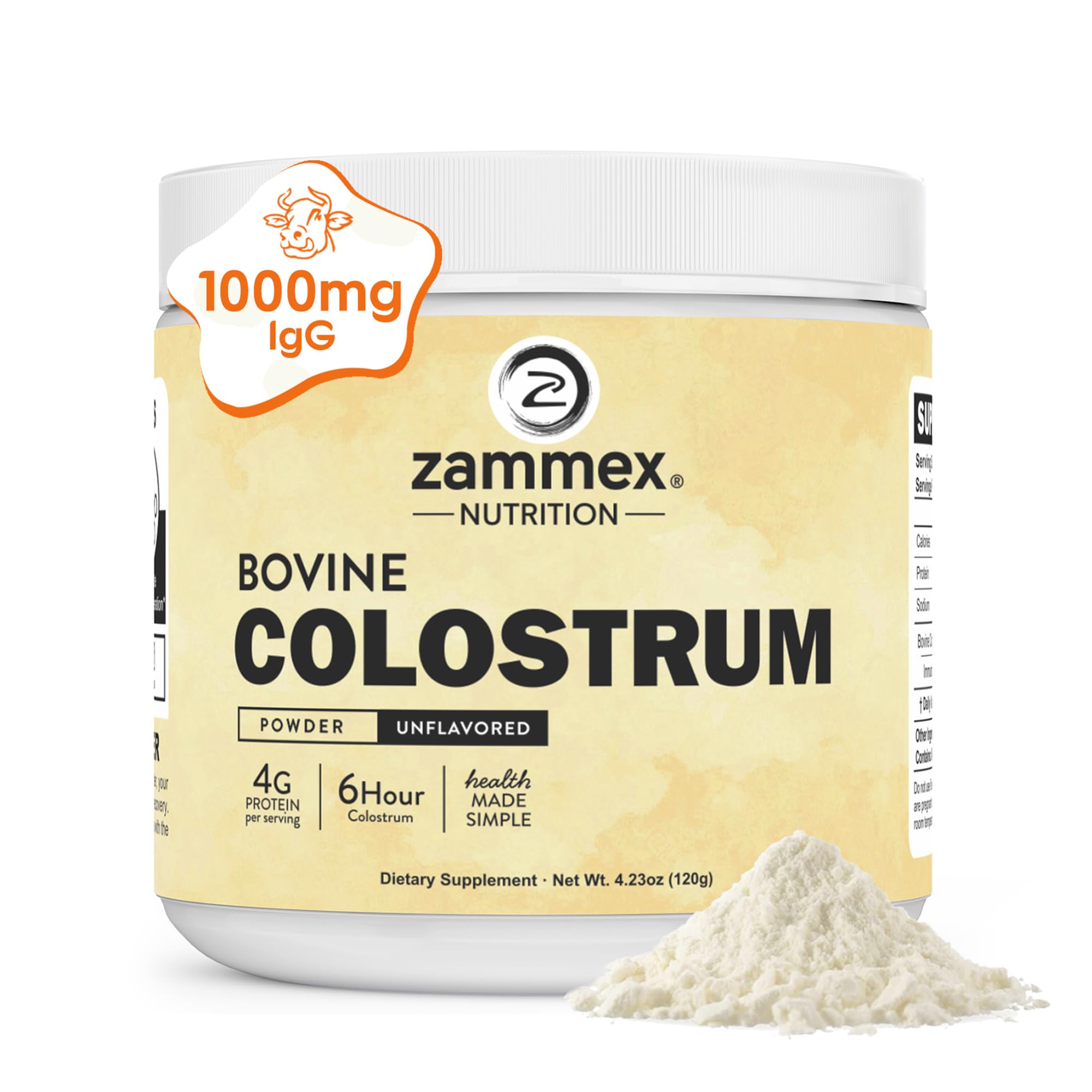 Zammex bovine colostrum powder bottle for immune support and gut comfort.