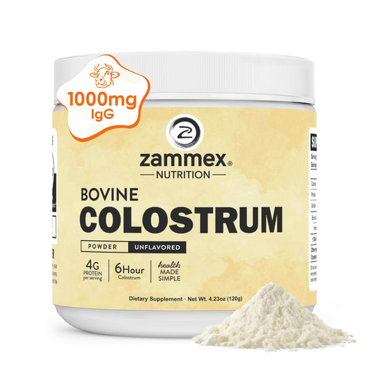 Zammex bovine colostrum powder bottle for immune support and gut comfort.