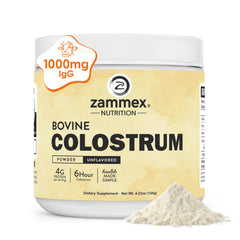 Zammex bovine colostrum powder bottle for immune support and gut comfort.