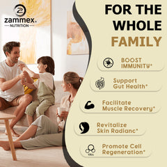 Zammex colostrum powder glass-mix highlights versatile smoothie integration.