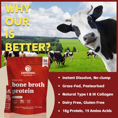 Zammex bone broth powder mixing image emphasizes quick, tasty hydration.
