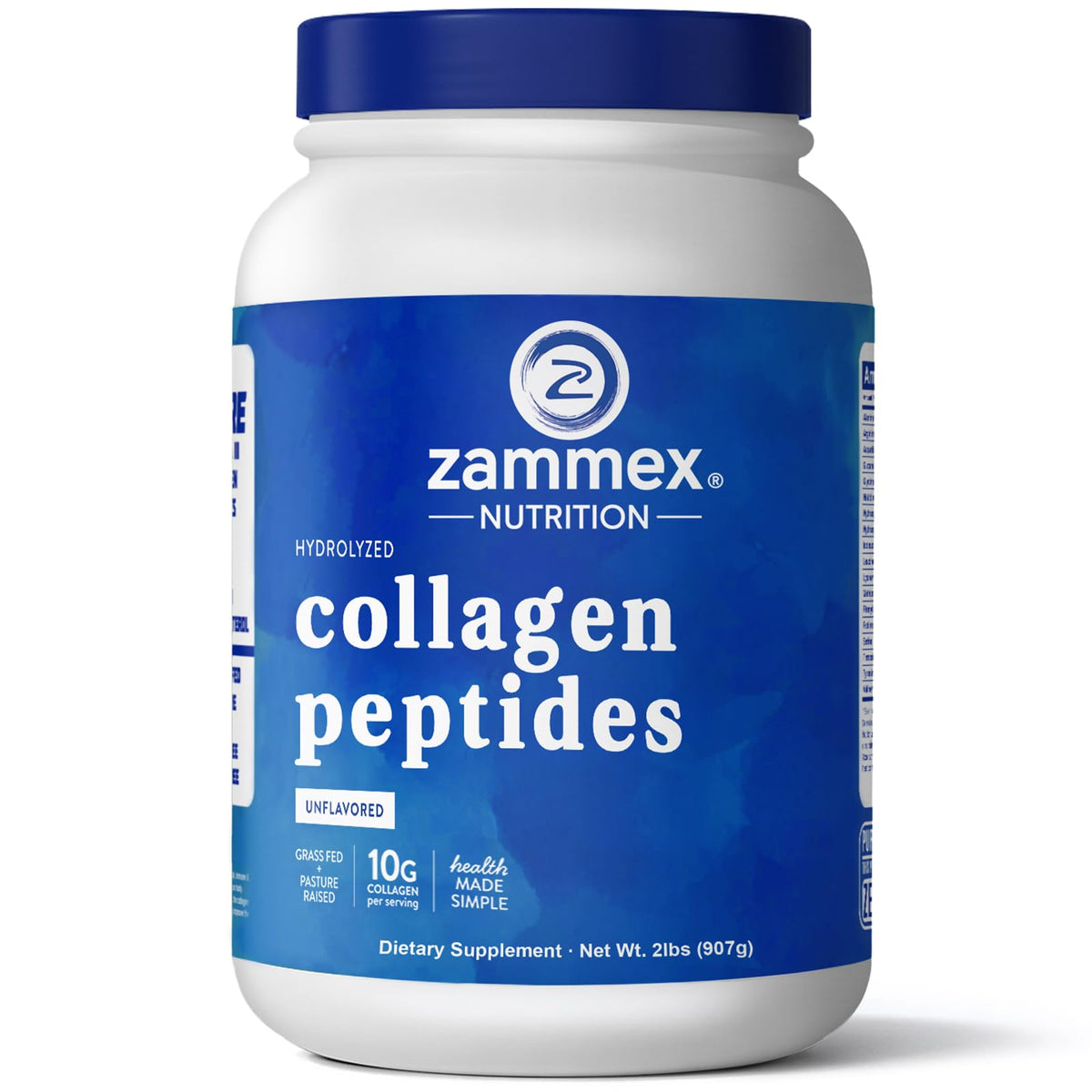 Zammex collagen peptides powder bottle, convenient daily supplement for easy mixing.