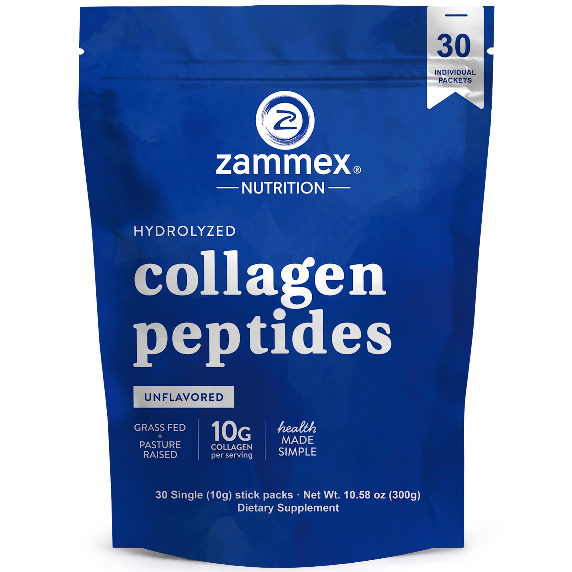Zammex collagen travel packets front view, ideal for adding to smoothies for daily wellness.