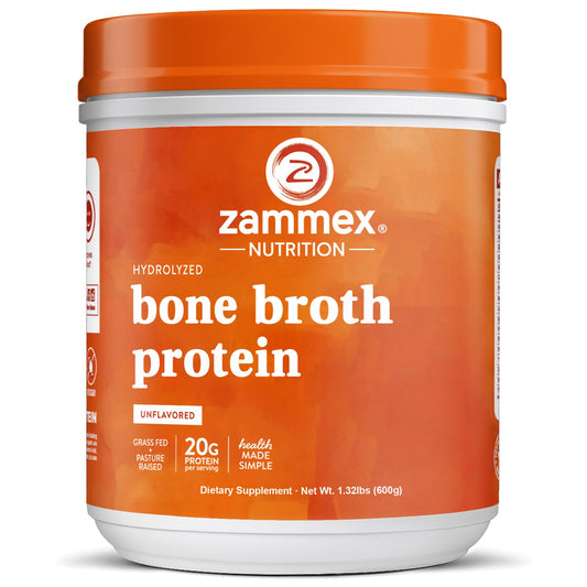 Zammex bone broth powder bottle front view shows a clean protein source.
