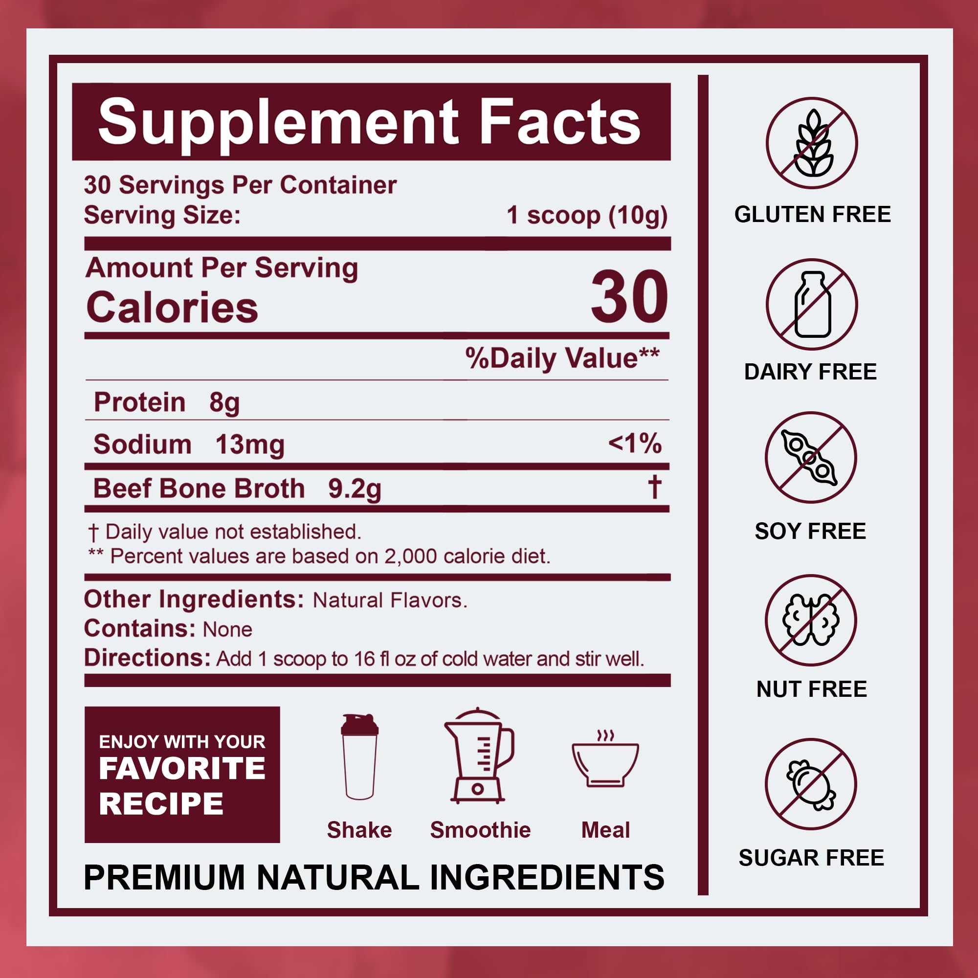 Zammex grass-fed broth bottle label highlighting grass-fed, gluten-free ingredients
