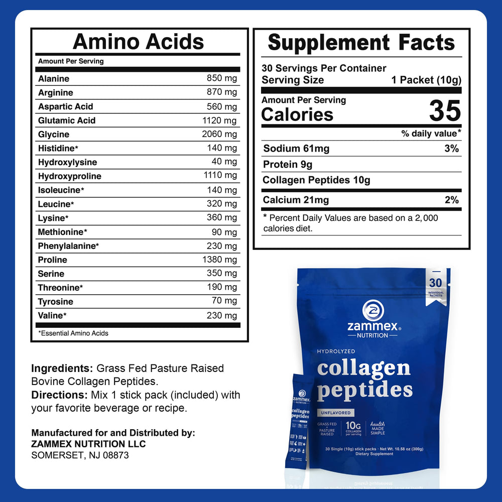 Zammex hydrolyzed collagen peptides for quick absorption in drinks.