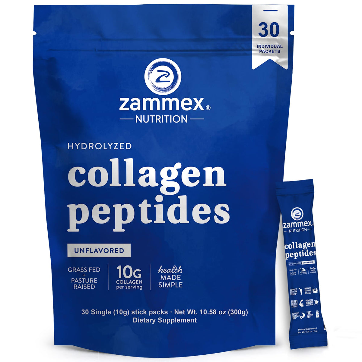 Zammex premium collagen peptides travel packets for convenient daily use.