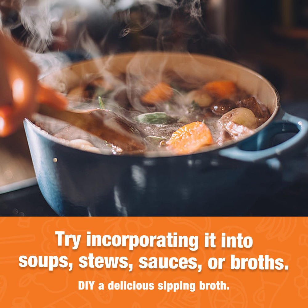 Zammex nutrition label close-up on bone broth powder.