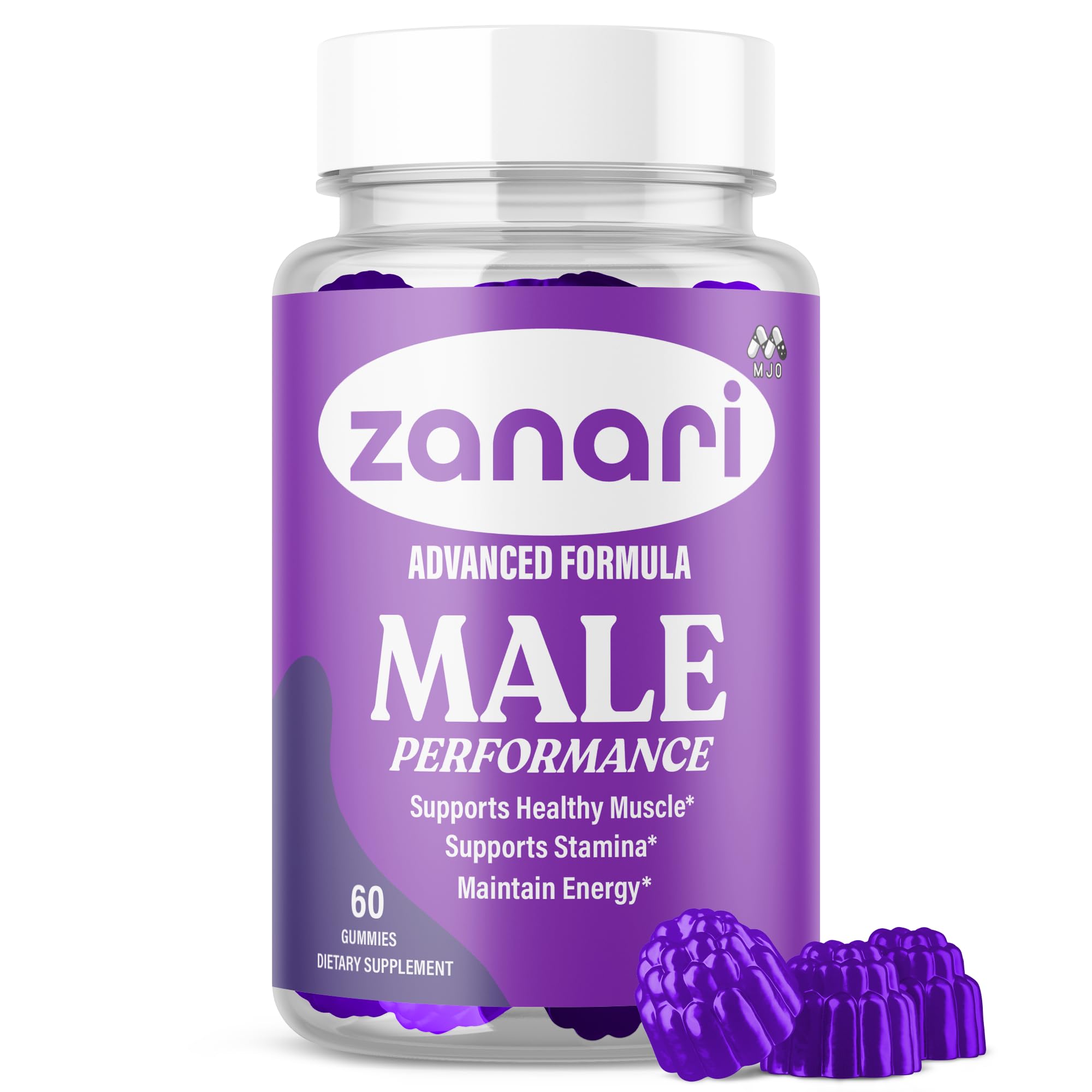 MJO Zanari Gummies bottle closeup showing natural ingredients for daily wellness.