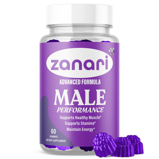 MJO Zanari Gummies bottle closeup showing natural ingredients for daily wellness.