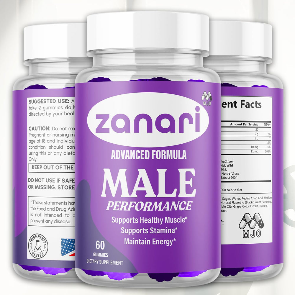 MJO Zanari Gummies front bottle view highlighting convenient monthly supply.