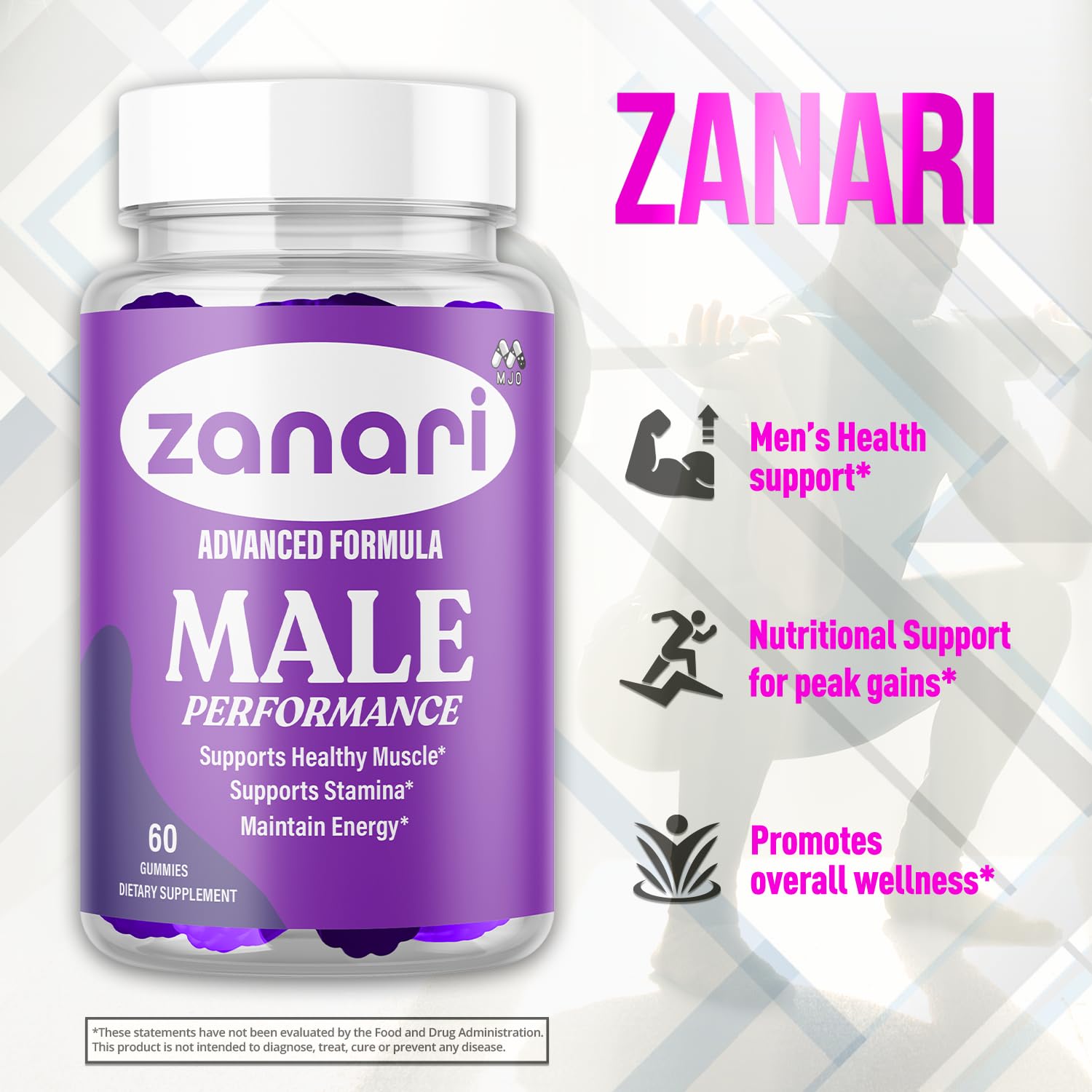 MJO Zanari Gummies packaging box shown for on-the-go vitality.