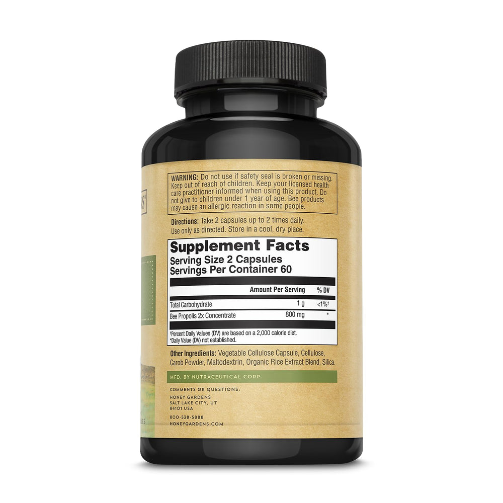 ZAND Honey Gardens Bee Propolis bottle side view highlighting 120 capsules.