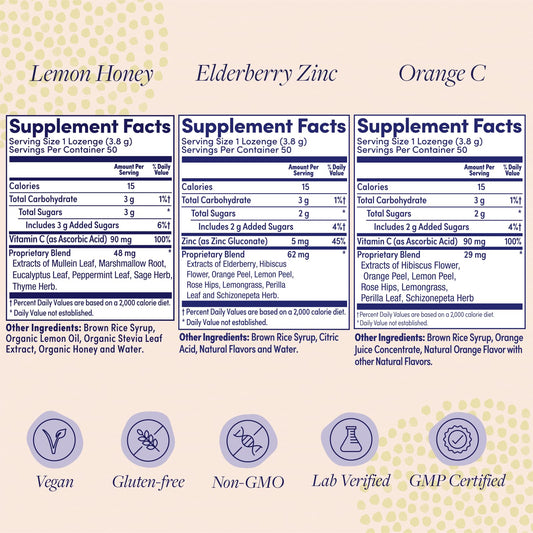 ZAND Elderberry Zinc lozenge close-up emphasizing zinc and berry flavor.