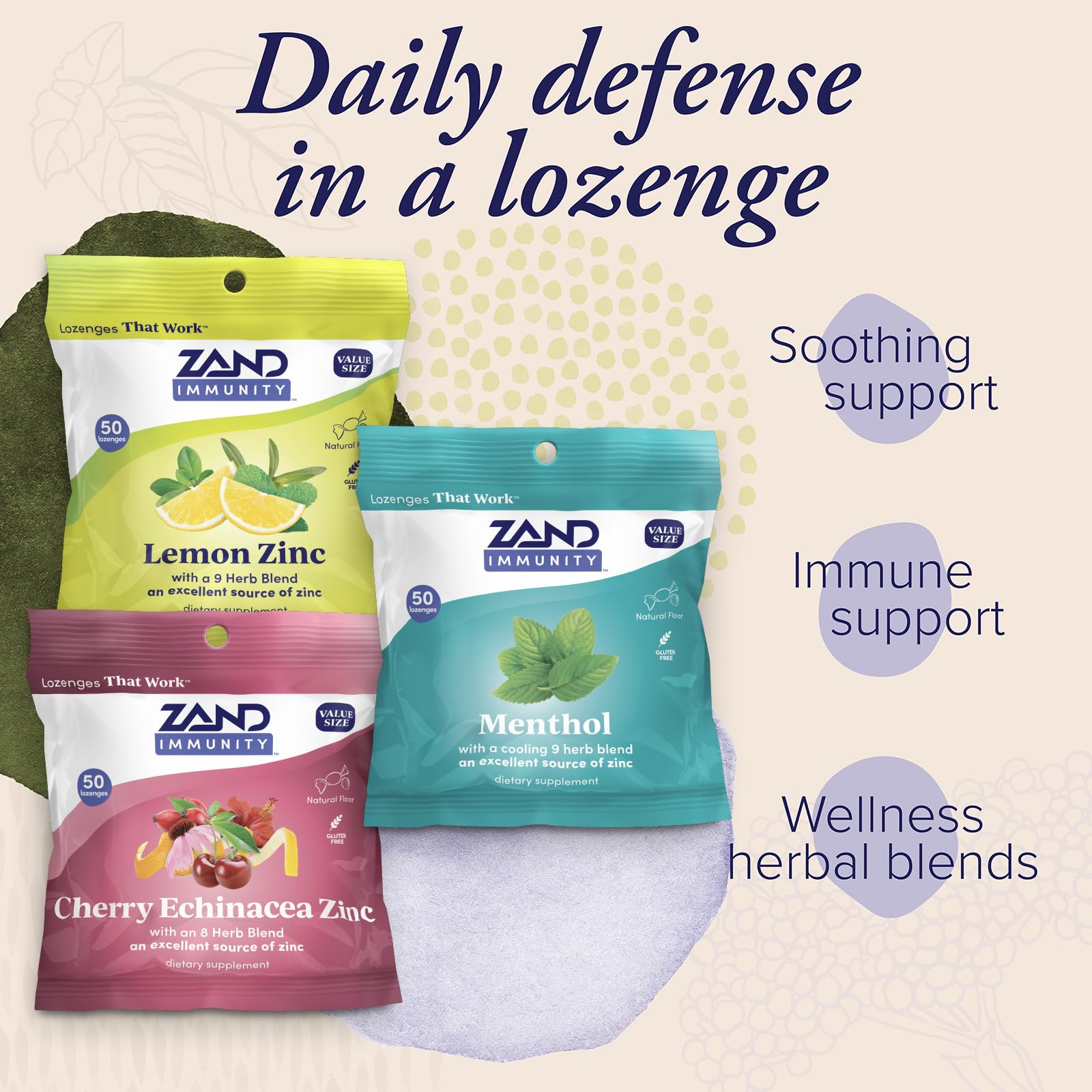 ZAND Immunity Cherry Echinacea Zinc lozenge with herbal wellness notes.