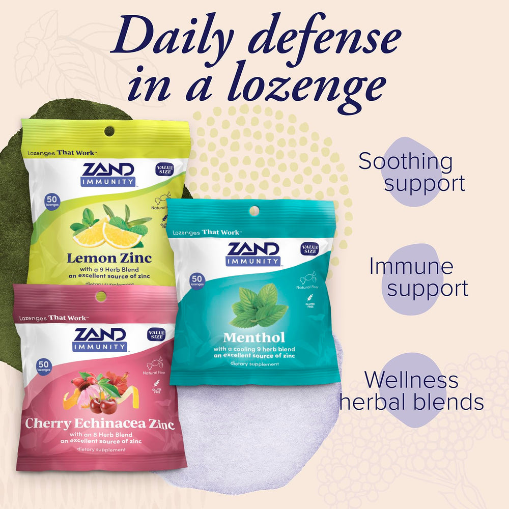 ZAND Immunity Cherry Echinacea Zinc lozenge with herbal wellness notes.
