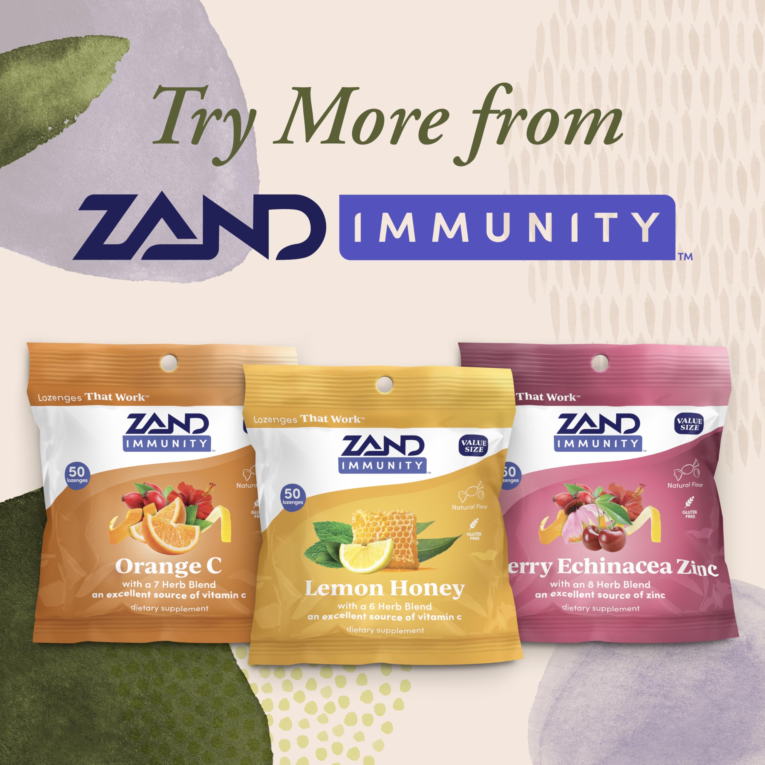 ZAND Immunity 3 Pack ingredients panel highlights zinc and botanicals.
