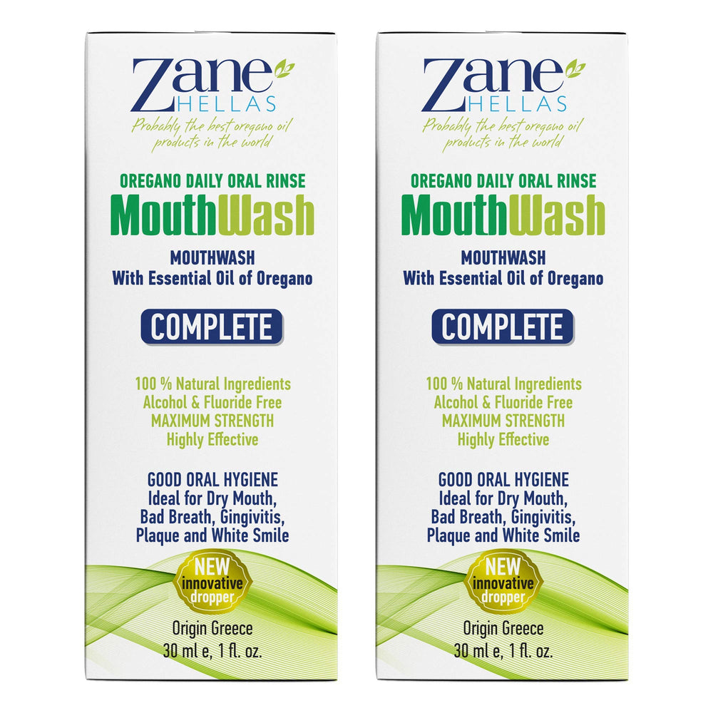 Zane Hellas MouthWash bottle pour shows a potent oregano oil blend for daily care.