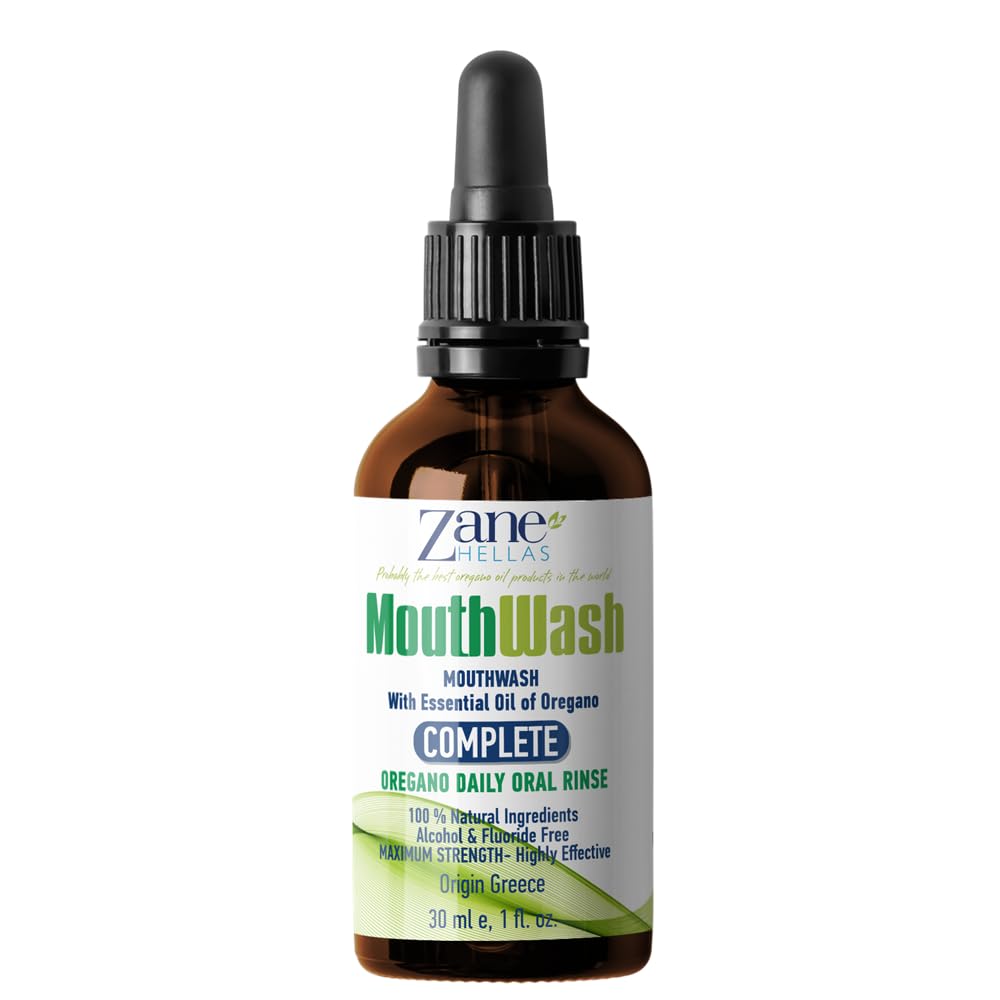 Zane Hellas MouthWash glass rinse demonstrates alcohol- and fluoride-free formula.