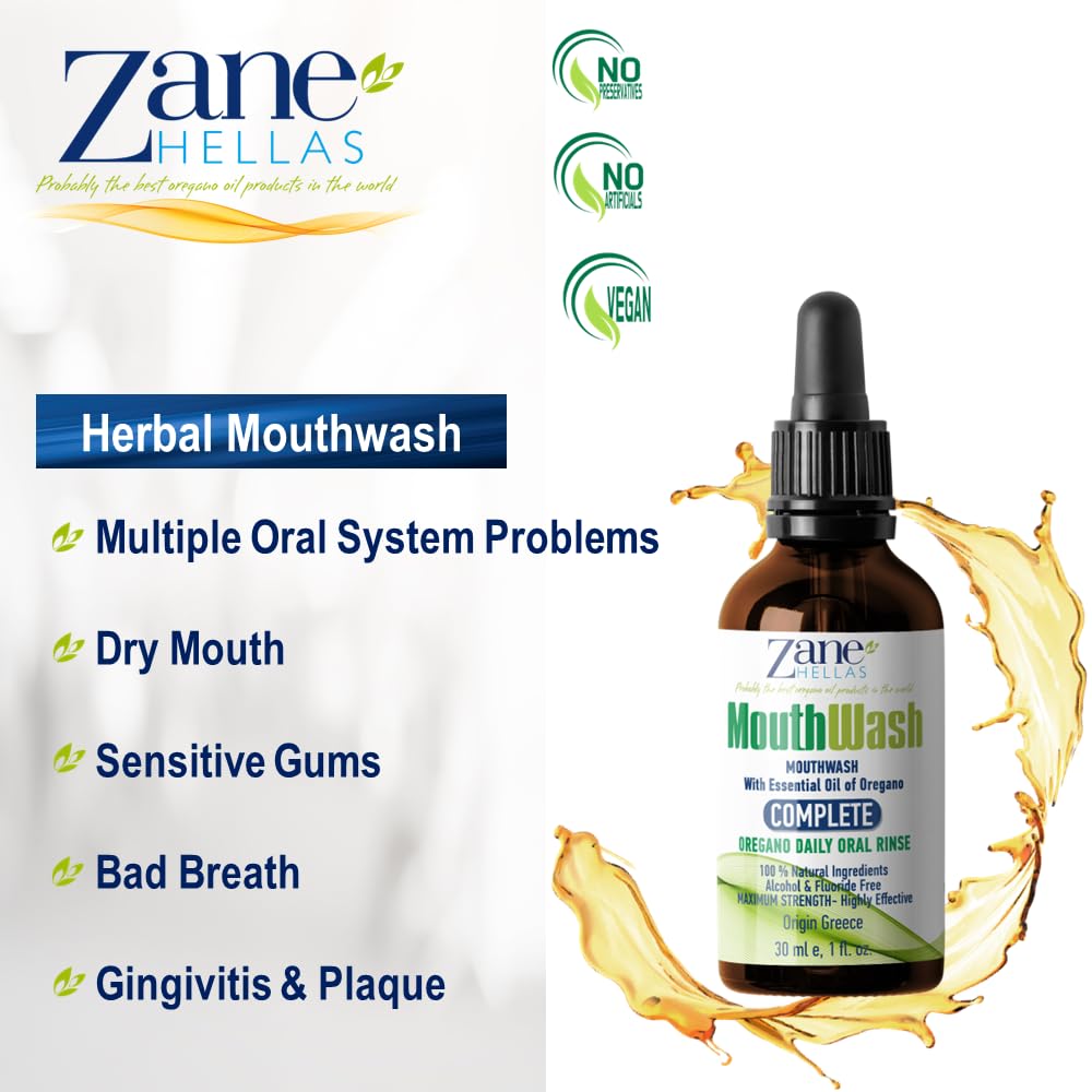 Zane Hellas oregano oil bottle closeup signals natural breath care.