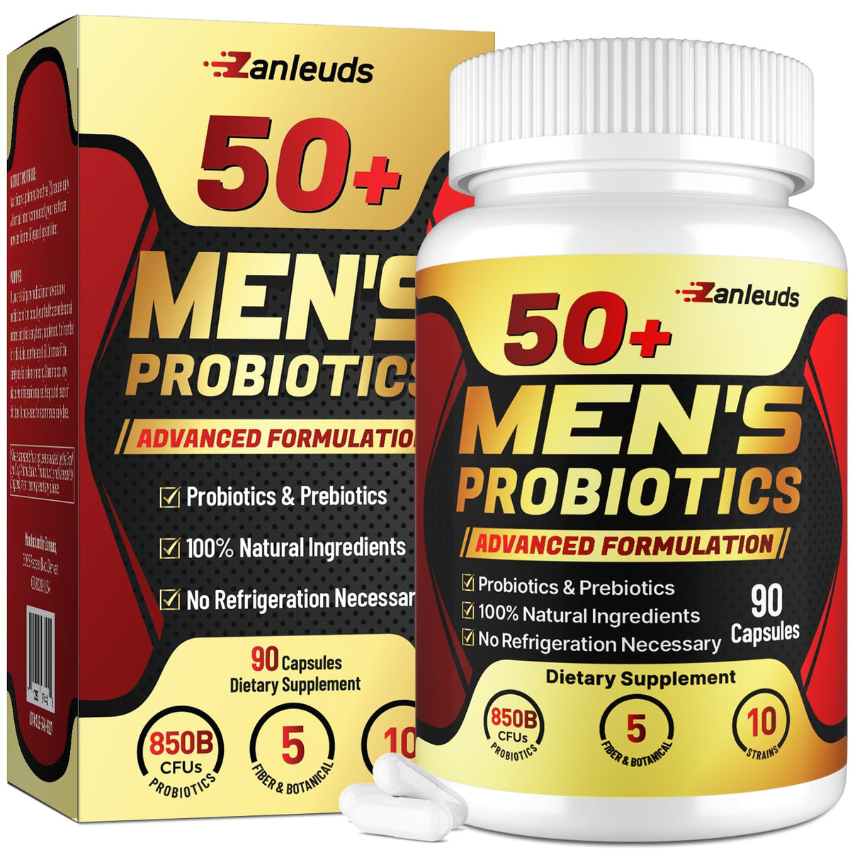 Zanleuds Probiotics for Men 50Plus bottle supports daily gut health and vitality.