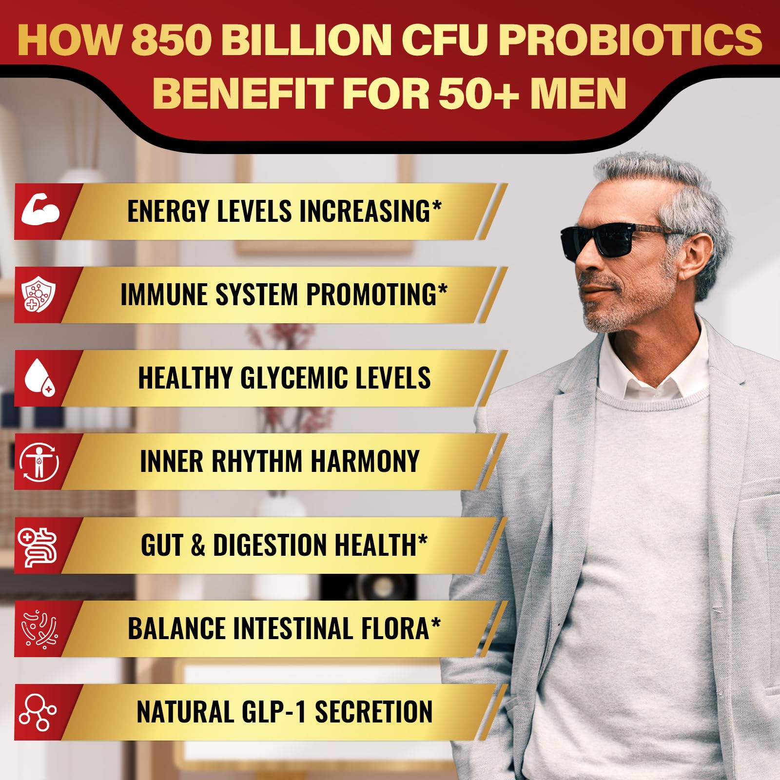 Label detail of Zanleuds Probiotics for Men 50Plus showing 850B CFU and 10 strains.