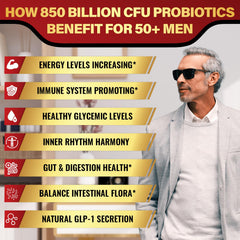 Label detail of Zanleuds Probiotics for Men 50Plus showing 850B CFU and 10 strains.