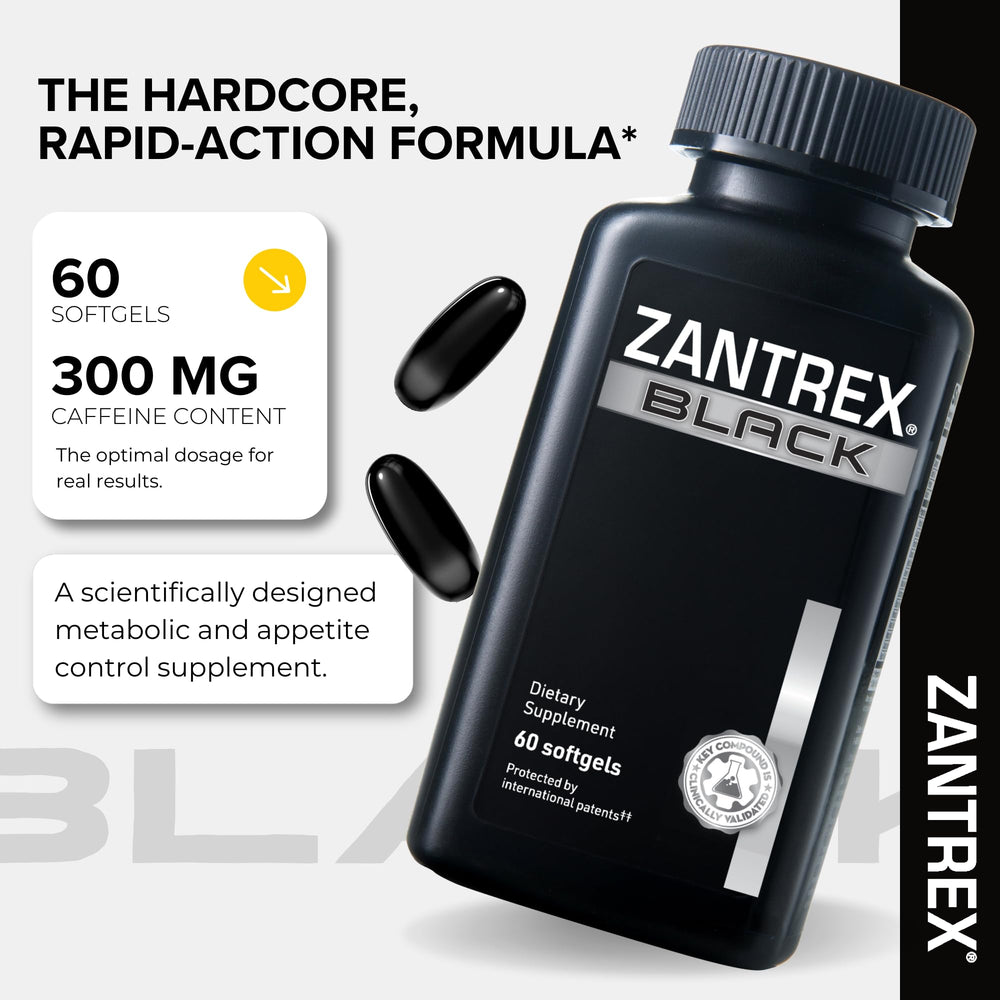 Zantrex Black bottle back with label detailing GLP-1 support and appetite guidance