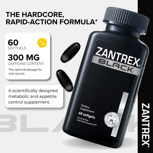 Zantrex Black bottle back with label detailing GLP-1 support and appetite guidance