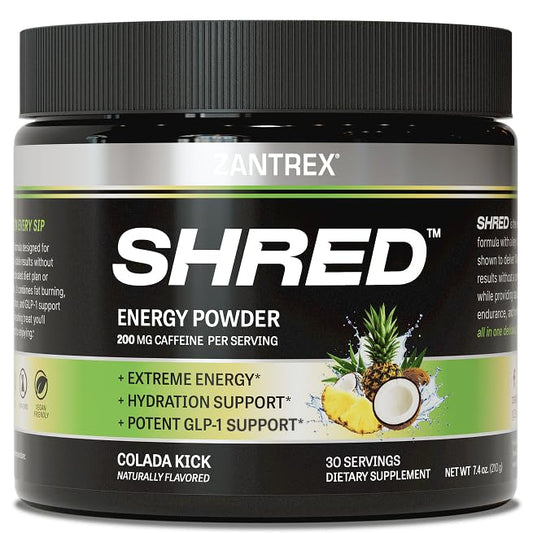 Zantrex Shred Colada Kick tub displaying the powder packaging and appetite-support concept