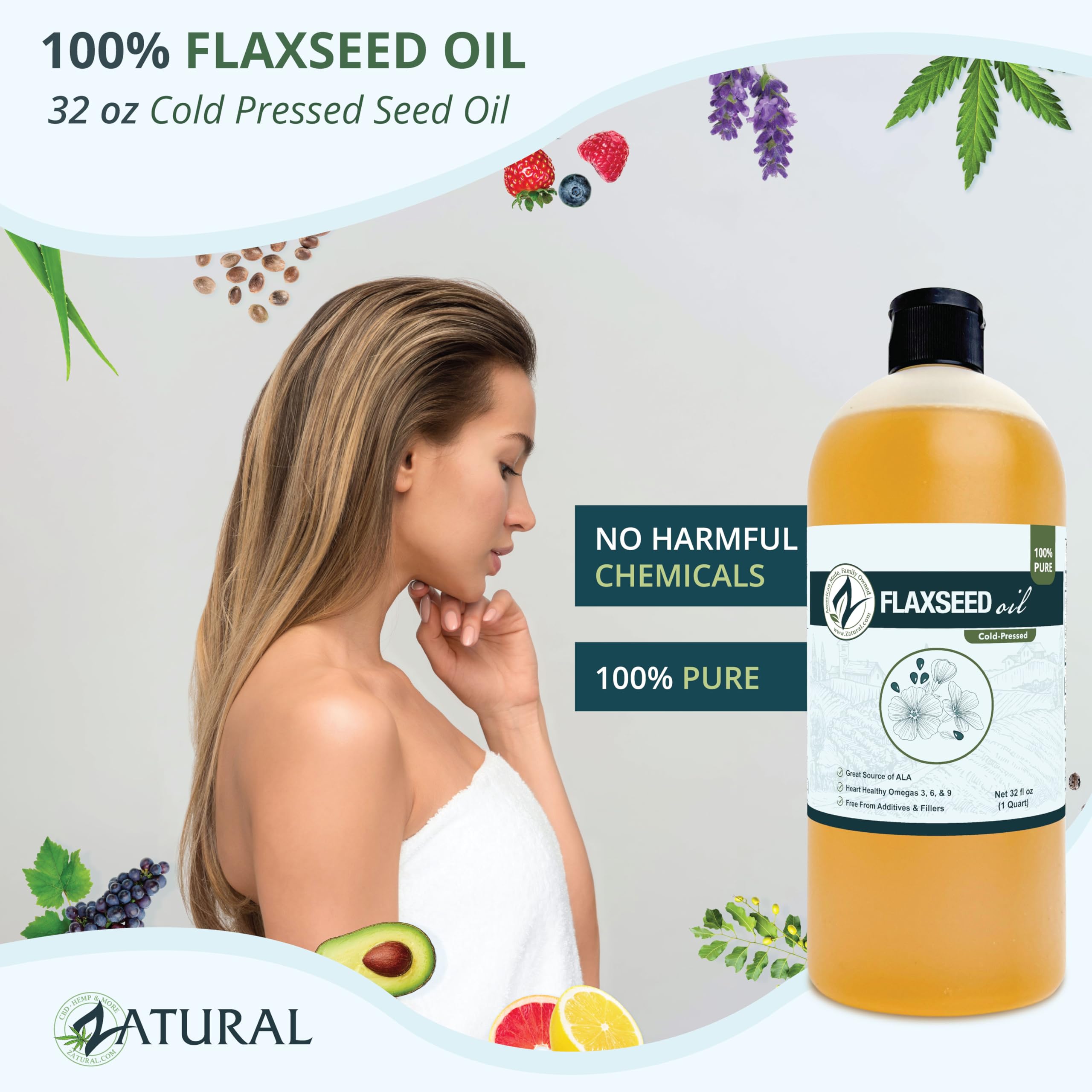 Zatural flaxseed oil being poured over a fresh salad for flavor.