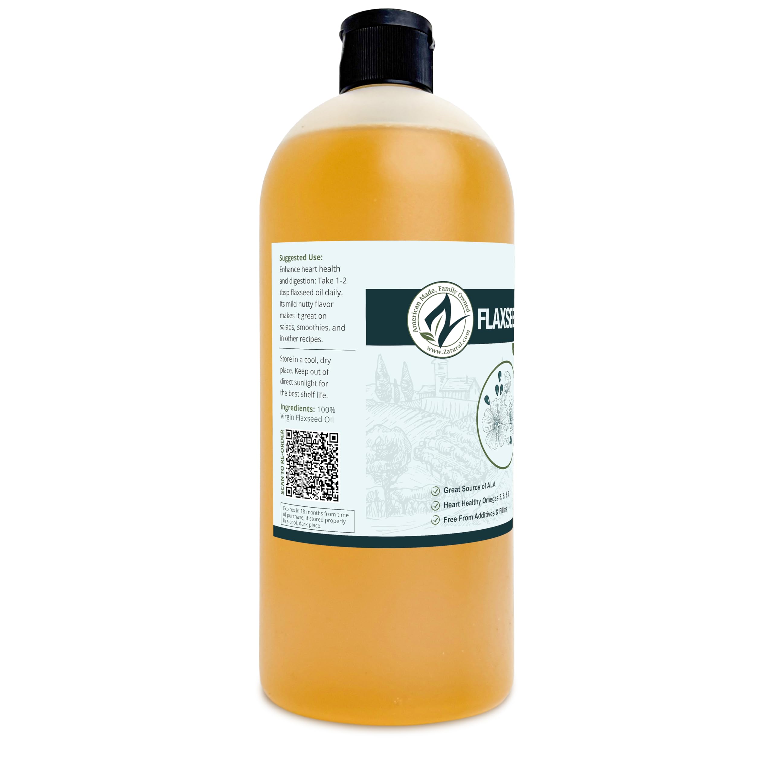 Zatural flaxseed oil storage bottle kept in a cool pantry to preserve freshness.
