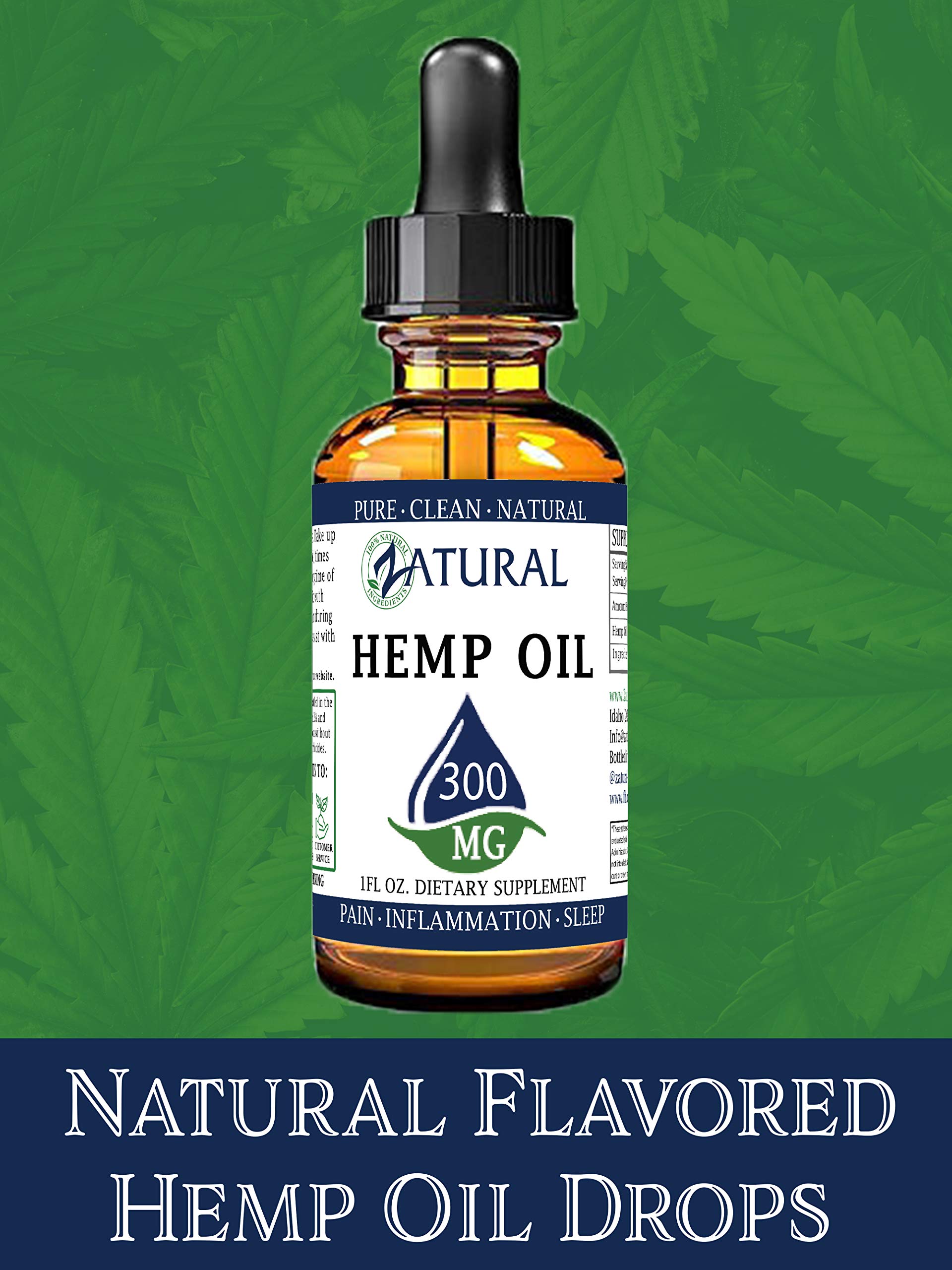 Zatural Hemp Oil Drops bottle signals USA grown hemp messaging.