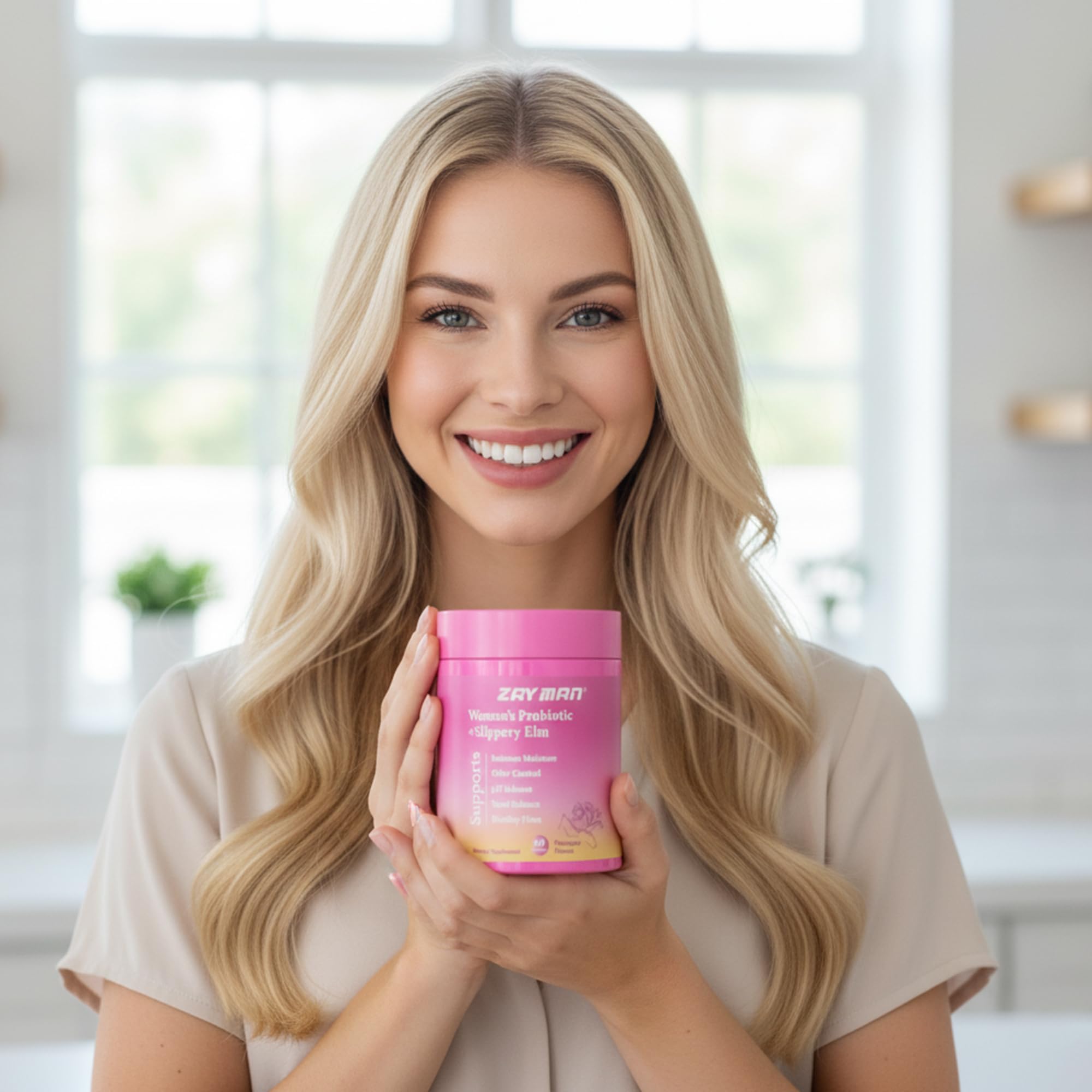 Label detail on ZAYMAN Her Juicy highlighting probiotic blend and balance benefits.
