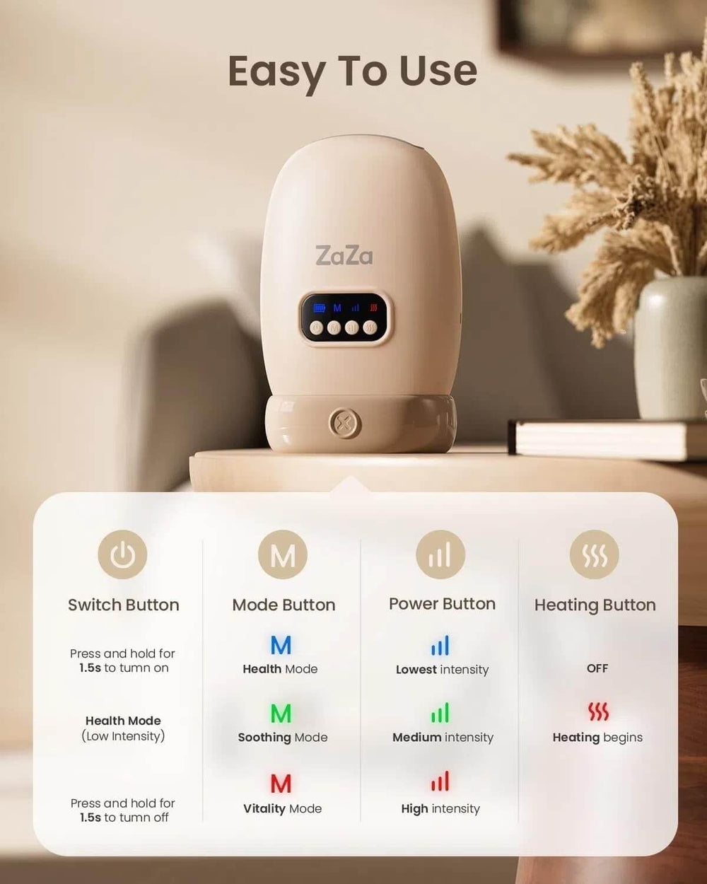 Zaza Hand Massager cordless design enables portable use anywhere.
