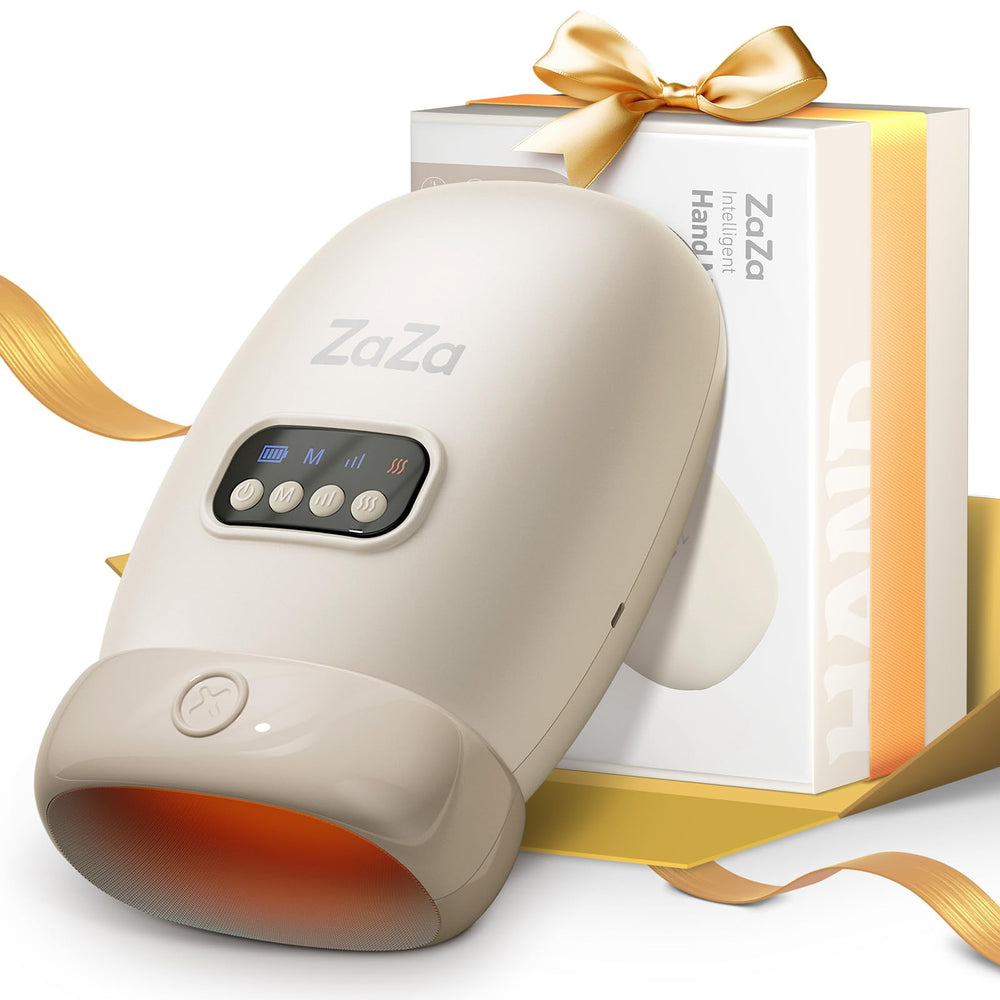 Zaza Hand Massager front view in beige showing heat and compression features.